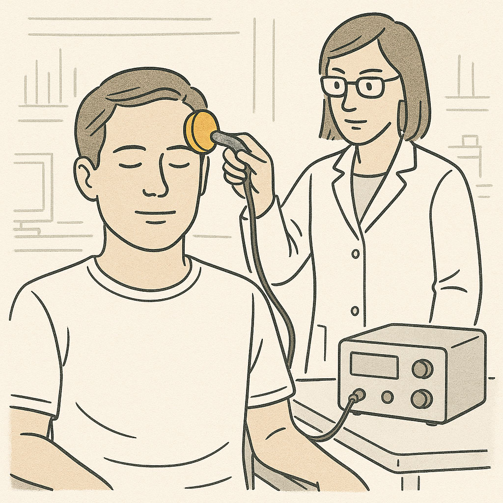 Illustration showing a person with a small ultrasound transducer positioned on their head.