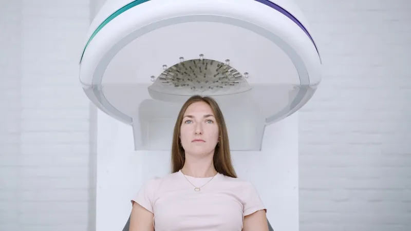 A participant seated beneath the NeuroHarmonics headset