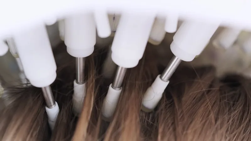 Close-up of transducers lowered through the parted hair to the scalp