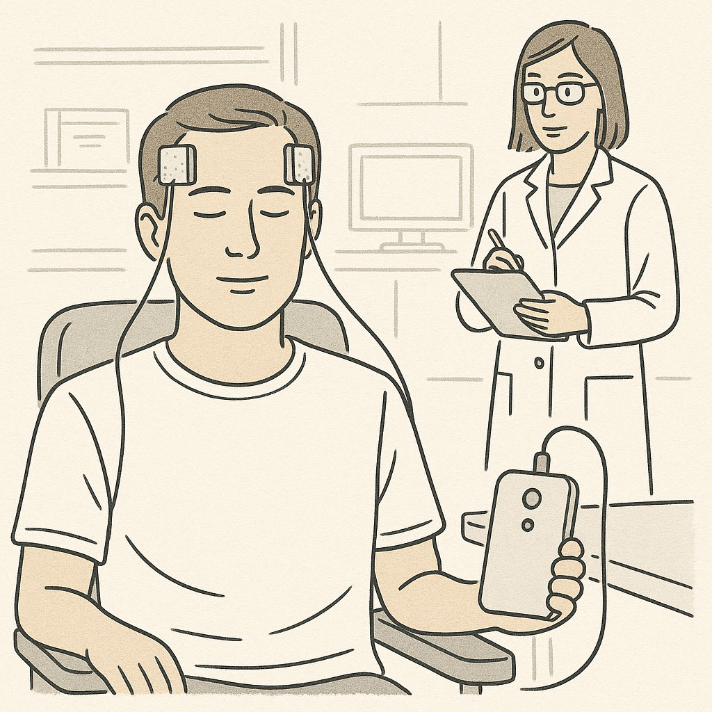 Illustration showing a person wearing two large sponge electrodes positioned on opposite sides of their head, connected by wires to a small battery-powered device.