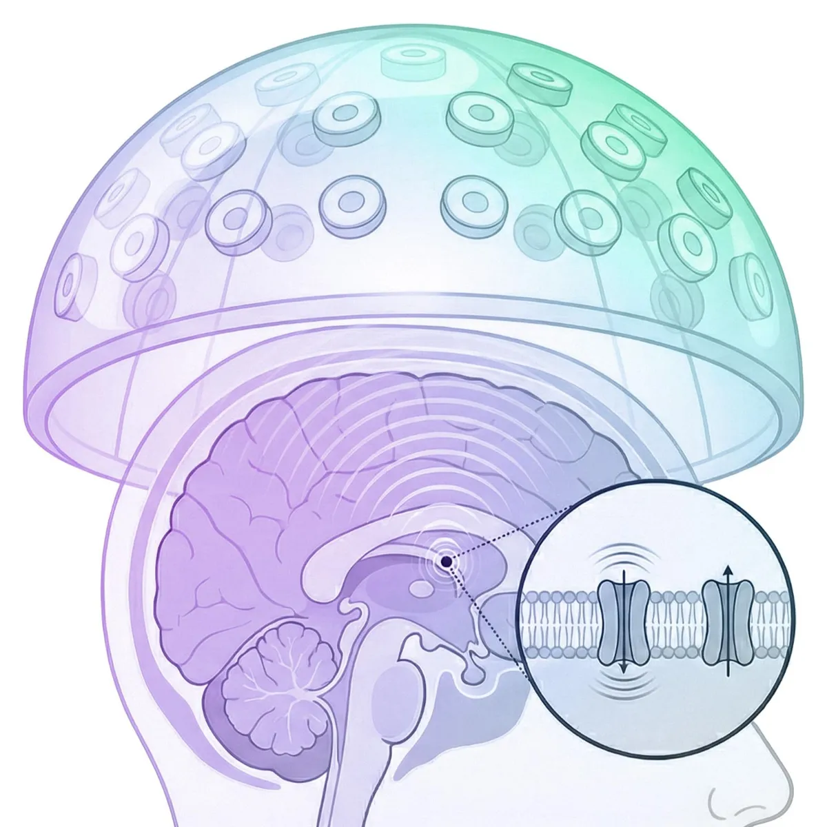 Illustration of a dome of ultrasound transducers around the head, with waves passing through the skull and converging on a point deep in the brain; an inset shows ion channels in a neuron's membrane
